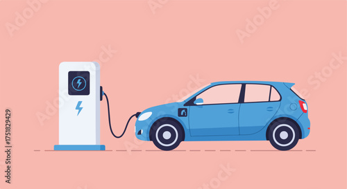 Modern Vector Illustration of Electric Car Charging Station with Blue Compact Vehicle in Flat Design Style