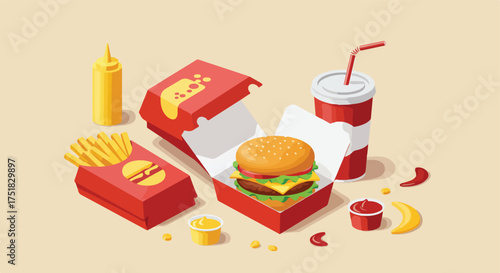 Vector Illustration of Fast Food Meal with Burger Fries Soda and Condiments in Modern Minimalist Style with Bright Red Yellow and White Colors