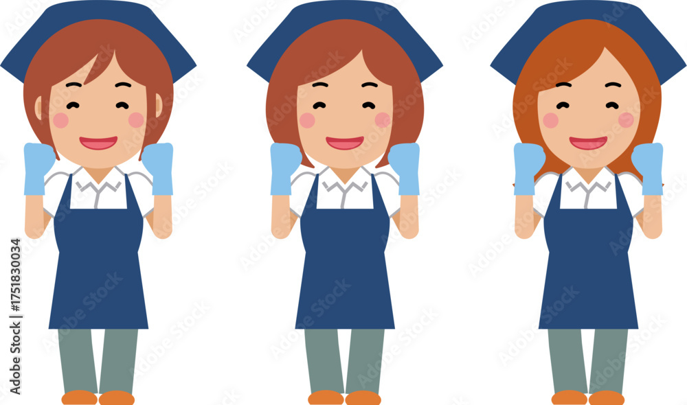 Naklejka premium がんばります。と笑顔の紺色エプロンの女性清掃員