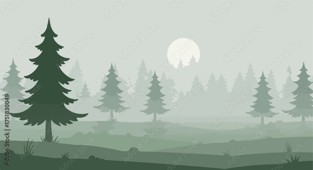Fototapeta premium Minimalist Vector Forest Scene in Green Tones with Mountain Silhouettes and Moon in Modern Style