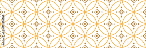 Elegant golden geometric circle lattice seamless pattern on white background, luxury abstract decorative design, modern minimalist texture for wallpaper, fabric, wrapping, and digital art.