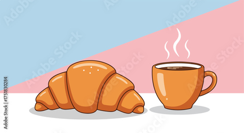 Minimalist Vector Illustration of Croissant and Coffee Cup in Warm Tones with Flat Design Style