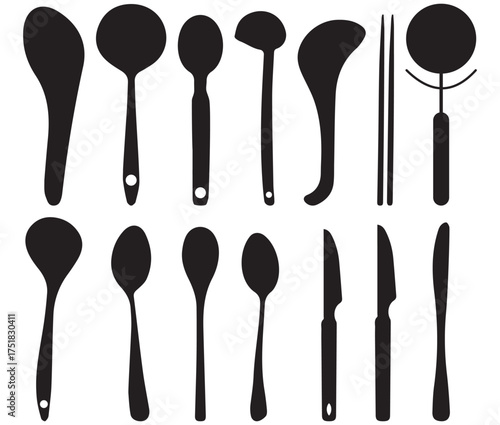 Minimalist Black Cutlery Silhouette Set – Spoon, Fork, and Knife Icons for Restaurant and Kitchen Design Vector Illustration