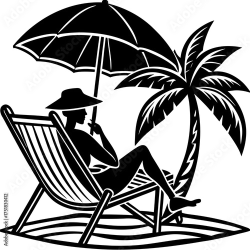 Minimalist silhouette of a person relaxing on a beach chair under the sun evoking vacation and leisure
