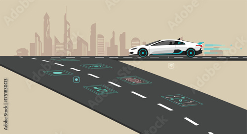 Futuristic Autonomous Car Vector Illustration in Modern Tech Style with City Skyline and Digital Data Elements
