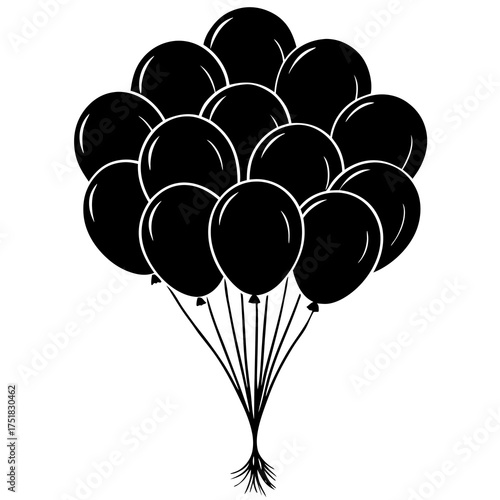 A group of black balloon silhouettes tied together and gracefully floating upwards against a clean background symbolizing celebration and freedom