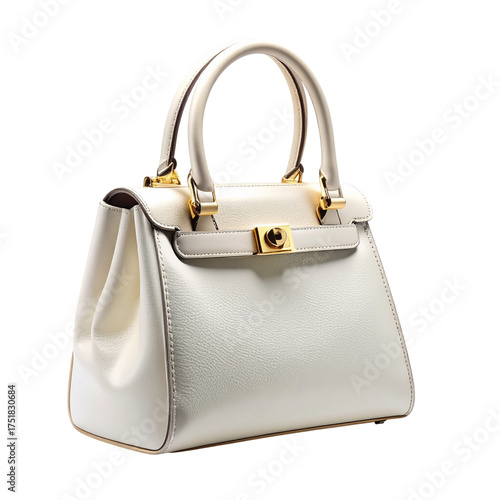 Elegant white handbag with gold accents and a top handle design.
