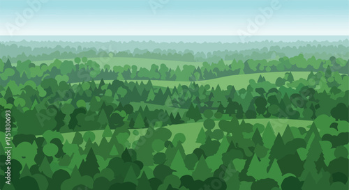 Minimalist Vector Background of Forest Landscape with Green Tree Silhouettes in Organic Style