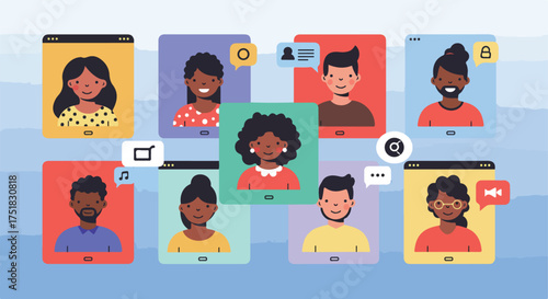 Vector Illustration of Diverse People Video Conference Scene in Modern Flat Style with Bright Colors