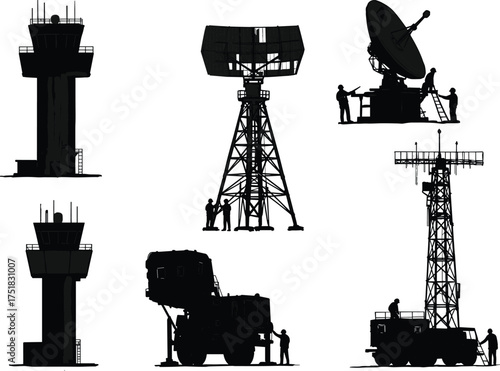 Military radar towers and satellite communication systems silhouette, control tower and radar vehicle illustration, air defense surveillance technology vector, strategic 