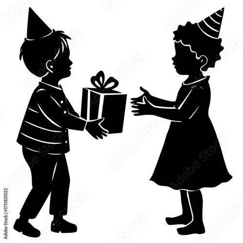 Joyful silhouette of two children happily exchanging a birthday gift in a warm celebratory scene