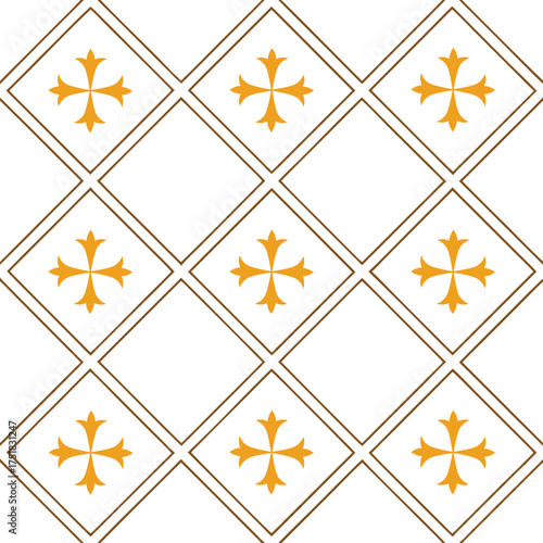 Vintage geometric tile pattern with orange cross motif and white diamond grid, seamless decorative background, elegant retro design for ceramic, wallpaper, textile, and digital artwork.