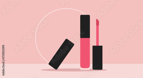 Minimalist Vector Illustration of Lipstick with Lip Gloss in Modern Style with Pink and Black Colors for Beauty Cosmetic Packaging