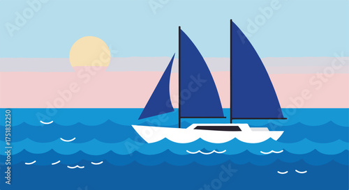 Minimalist Vector Illustration of Sailboat on Ocean with Sunset in Cool Blue and Pastel Pink Colors in Modern Style