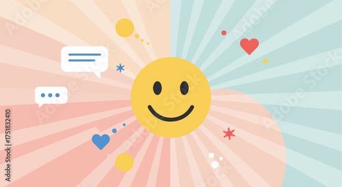 Vector Illustration of Smiley Face with Speech Bubbles and Hearts in Modern Colorful Style