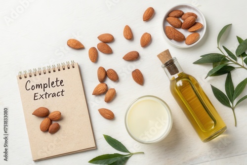 Almonds and almond oil arranged on a white surface