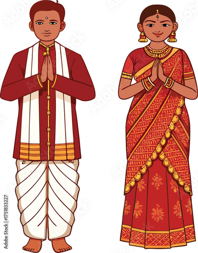 Indian man and woman in traditional red and white attire with clasped hands