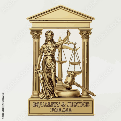 Civil Rights, Themis and judge's gavel in the background of a golden icon with scales and text with white Background.