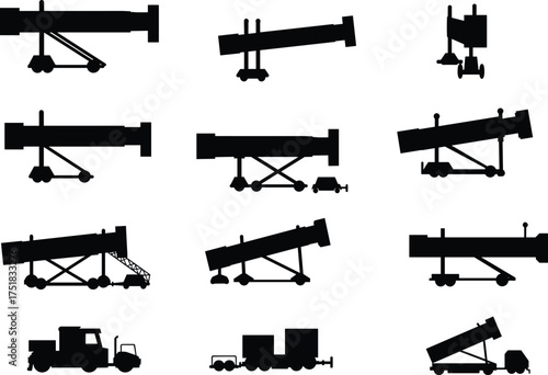 Passenger boarding stairs, aircraft ramp, airport ground support, mobile stair truck, silhouette, aviation equipment, infrastructure, black and white, stairway design, travel, 