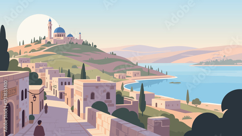 Hillside Village Overlooking Serene Waters