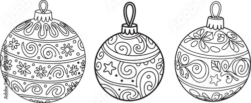set of christmas ball line art, coloring book page line art drawing, vector and illustration