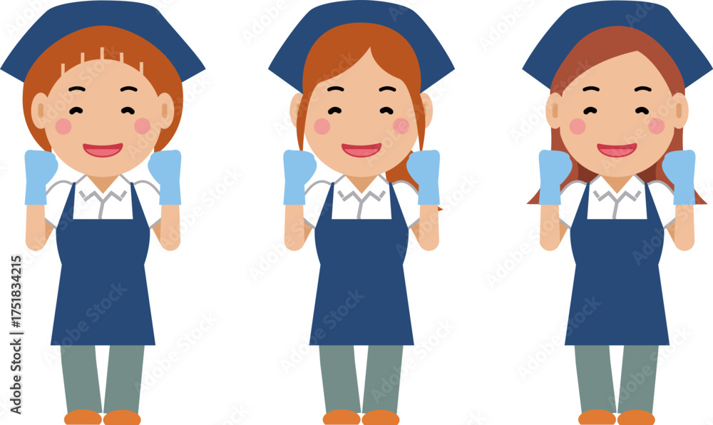 Naklejka premium がんばります。と笑顔の紺色エプロンの女性清掃員。その2