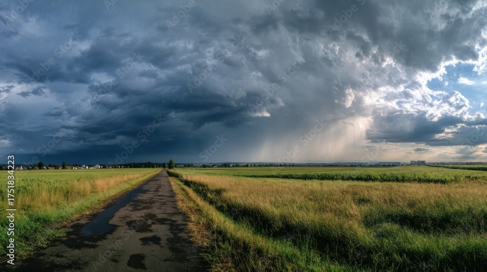 Obraz premium A road leads through fields, with a stormy sky bringing rain in the distance