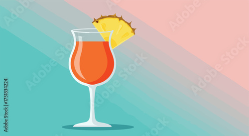 Vector Illustration of Tropical Cocktail Glass with Pineapple Slice in Modern Minimalist Style with Bright Orange and Yellow Colors Perfect for Beverage Branding and Party Promotion