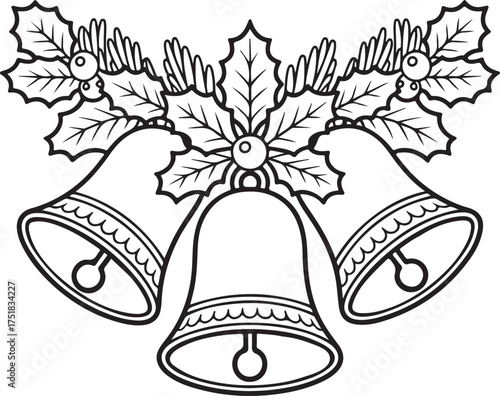 christmas bells line art, coloring book page line art drawing, vector and illustration