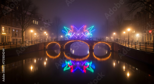amsterdam light festival misty city canal bridge illuminated by colorful neon art