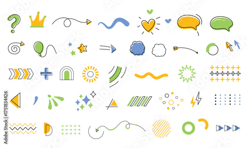 Hand drawn doodle elements pack in colorful style. Memphis design elements. Retro funky graphic, trends icon element print illustration vector collection