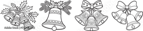 set of christmas bells line art, coloring book page line art drawing, vector and illustration