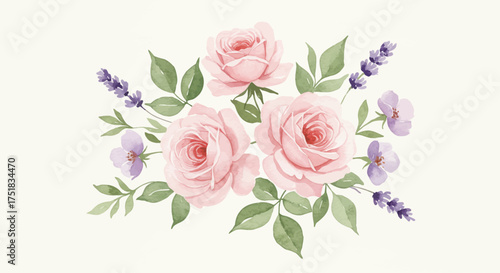 Whispers of Springtime Elegance captures the delicate beauty of nature through a masterful watercolor portrayal of roses and lavender.
