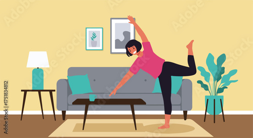 Minimalist Vector Illustration of Woman Yoga Pose in Living Room Modern Style with Bright Colors