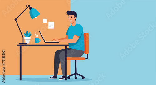 Modern Vector Illustration of Man Working at Desk with Laptop and Desk Lamp in Minimalist Style with Blue and Orange Colors