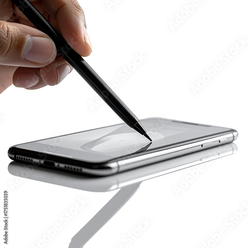 Hand using stylus to interact with a smartphone screen for digital work.