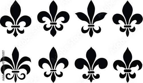Fleur-de-lis, black and white vector silhouette set illustration of Lily flower heraldic charge shape symbol Fleur de lys, isolated on white