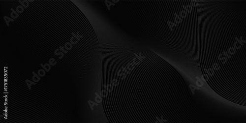 Black abstract background design. Modern wavy line pattern in monochrome colors. Premium stripe texture for banner, business backdrop. Dark horizontal vector template