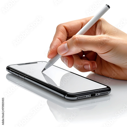 Hand using stylus on smartphone with blank screen for design mockup.