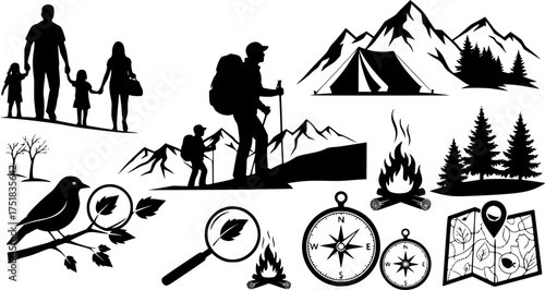 Silhouette icons of hiking, family adventure, and nature exploration