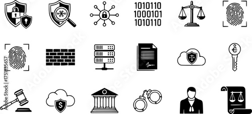 Cybersecurity and legal icons set in monochrome style for digital security