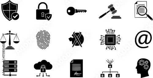 Cybersecurity and legal icons set in monochrome style for digital security