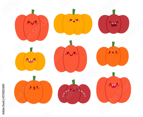 Vector illustration set of kawaii pumpkin characters in hand-drawn cartoon style. Cute and playful autumn mascots with various facial expressions. Isolated clipart for Halloween and fall designs
