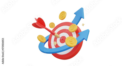 3d dartboard with arrows coins and growth chart isolated on transparent background