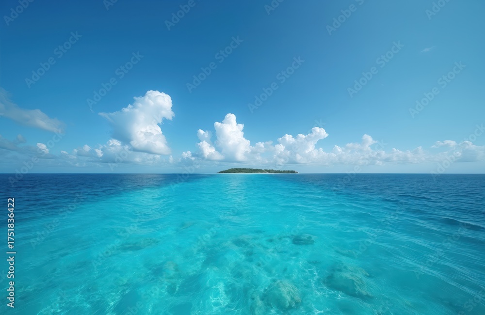 Fototapeta premium Tropical island in the middle of blue ocean. Clear blue sky. Beautiful seascape with sky and sea horizon. Natural landscape. Vacation and travel