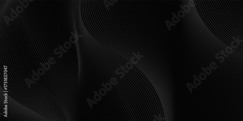 Black abstract background design. Modern wavy line pattern in monochrome colors. Premium stripe texture for banner, business backdrop. Dark horizontal vector template