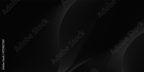 Black abstract background design. Modern wavy line pattern in monochrome colors. Premium stripe texture for banner, business backdrop. Dark horizontal vector template