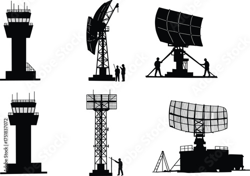 Radar tower silhouettes, control tower icons, military antenna shapes, air traffic radar systems, communication structures, surveillance equipment, vector black 