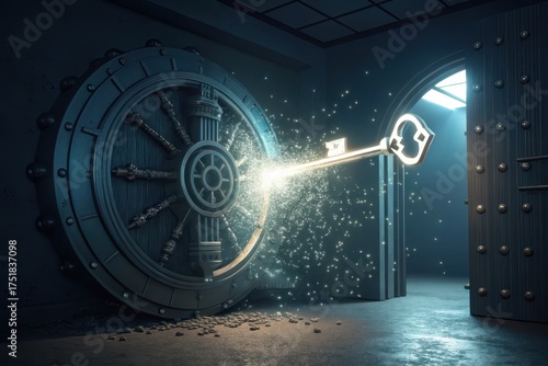 Glowing digital key unlocking futuristic data vault entrance