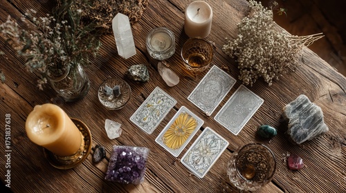 Mystic fortune teller reading glowing crystal ball and tarot cards by candlelight